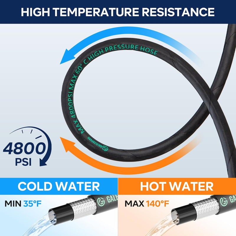 GALELEOPARD Pressure Washer Whip Hose Reel Connector 10FT, 3/8'' Steel Wire Braided Hose for Power Washer, Suitable for Hot and Cold Water, 4800 PSI - Image 5